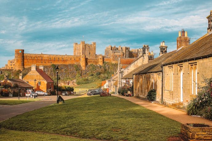 Bamburgh Village Northumberland street with a view of Bamburgh castle